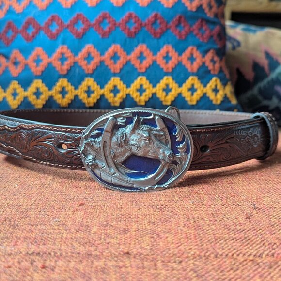 Nocona Siskiyou Horse Tooled Western Leather Statement Belt Buckle Resin Boho - Picture 6 of 15